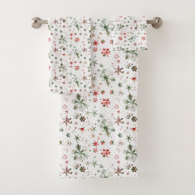 Red and green snowflakes Christmas Bath Towel Set (Insitu)