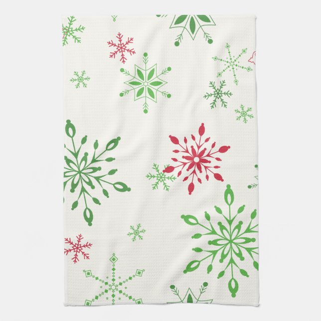 Red and Green Snowflakes on a white background Tea Towel (Vertical)