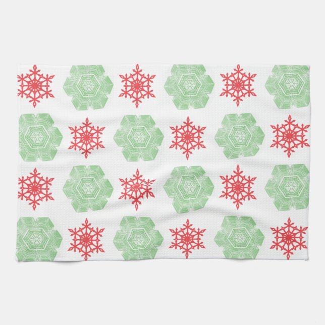 Red and green snowflakes tea towel (Horizontal)