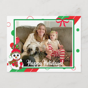 Red and Green Snowman Family Photo Christmas Postcard