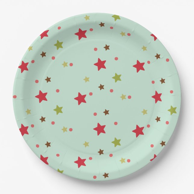 Red and Green Stars and Dots Paper Plate (Front)