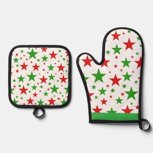 Red and Green Stars Cute Christmas Oven Mitt & Pot Holder Set (Front)
