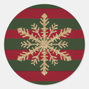Red and Green Stripe with Gold Glitter Snowflake Classic Round Sticker