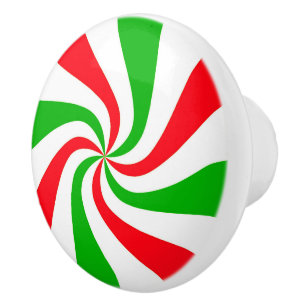 Red and Green Striped Peppermint Candy Swirl Ceramic Knob