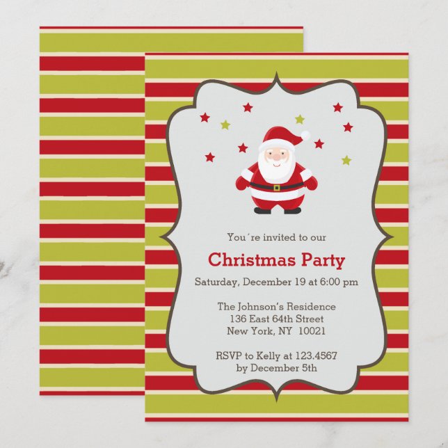 Red and Green stripes and Santa Christmas Party Invitation (Front/Back)