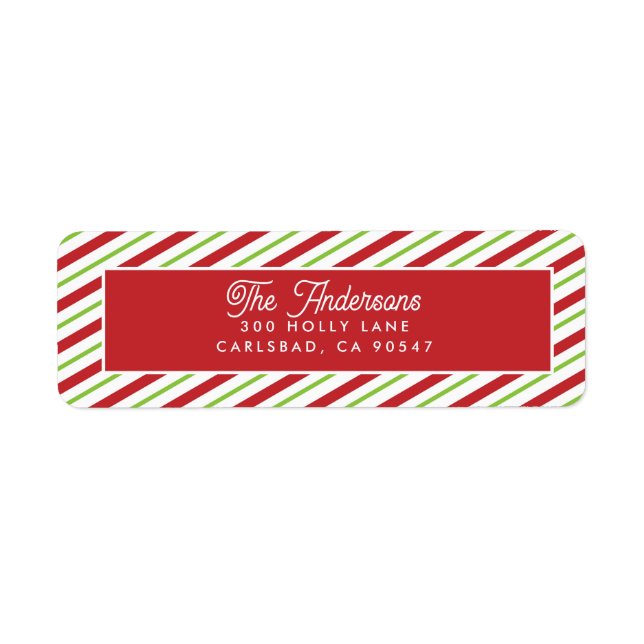 Red and Green Stripes Holiday Return Address Label (Front)