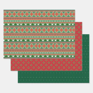 Red and Green Sweater Knit Pattern Wrapping Paper Sheet
