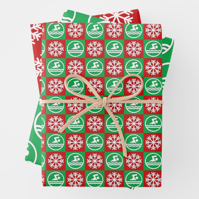 Red and Green Swimming & Diving Swimmer Christmas Wrapping Paper Sheet (In situ)