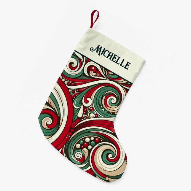 Red and Green Swirls Personalised Small Christmas Stocking (Front (Hanging))