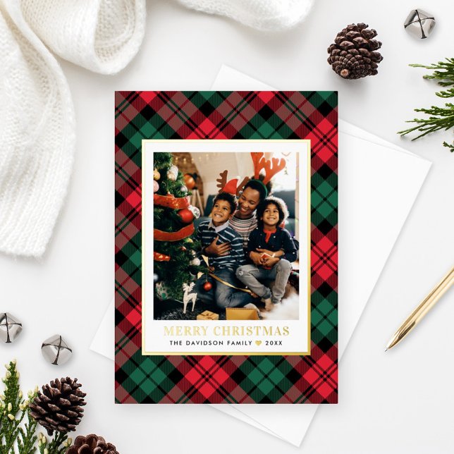 Red and Green Tartan Plaid Christmas Photo Gold Foil Holiday Card (Creator Uploaded)