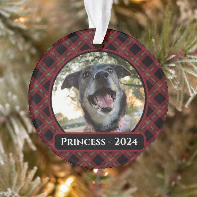 Red and Green Tartan Plaid Dog Photo Christmas Ornament (Tree)