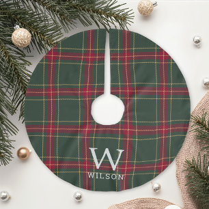 Red and Green Tartan Plaid Family Name Monogram Brushed Polyester Tree Skirt