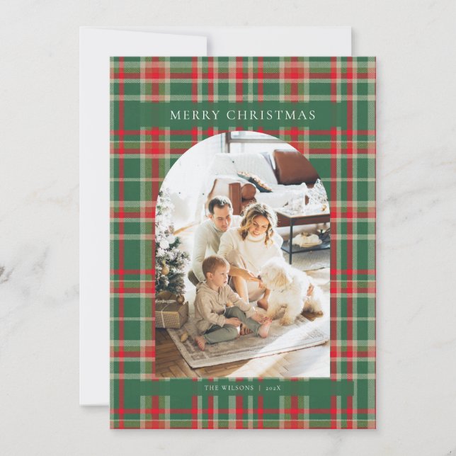 Red and Green Tartan Plaid Photo Christmas Card (Front)