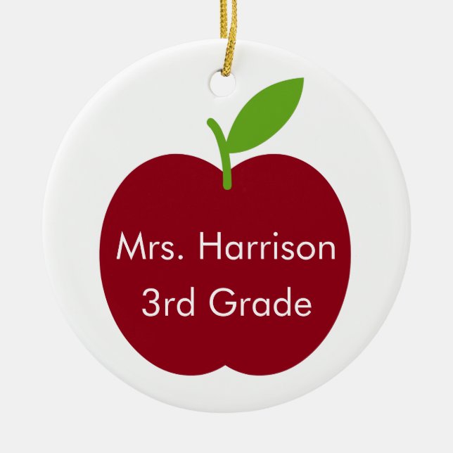 Red and Green Teacher Apple on White Personalised Ceramic Ornament (Front)