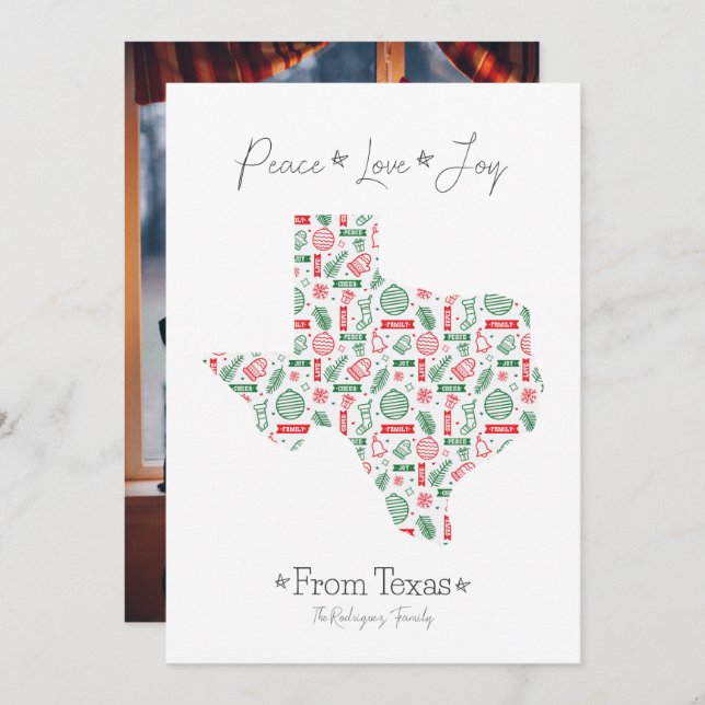 Red and Green Texas Line Art Patterned Holiday Card (Front/Back)