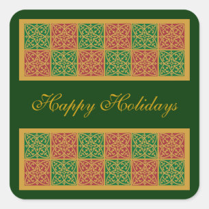 Red and Green Tile Art on Gold Pattern Square Sticker