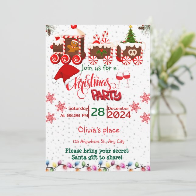 red and green train christmas party invitations  (Standing Front)