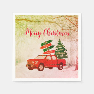 Red and Green Truck Rustic Vintage Merry Christmas Napkin