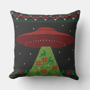 Red and Green UFO Tractor Beam Ugly Christmas Cushion
