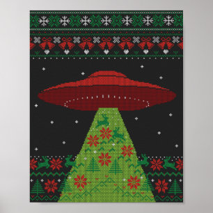 Red and Green UFO Tractor Beam Ugly Christmas Poster
