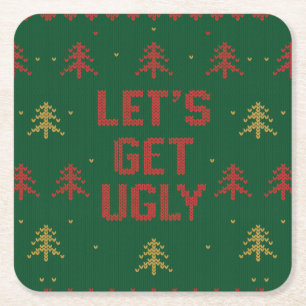 Red and Green Ugly Sweater Party Christmas Square Paper Coaster