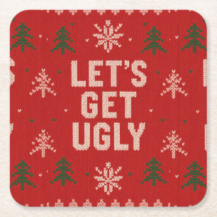 Red and Green Ugly Sweater Party Christmas Square Paper Coaster