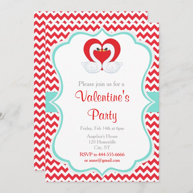Red and Green Valentine Swans Invitation (Front/Back)
