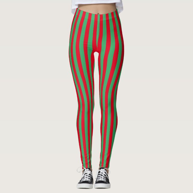 Red and Green Vertical Stripes Leggings (Front)
