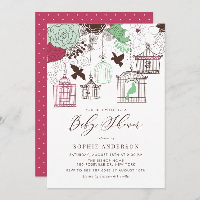 Red and Green Vintage Birdcages Baby Shower Invitation (Front/Back)
