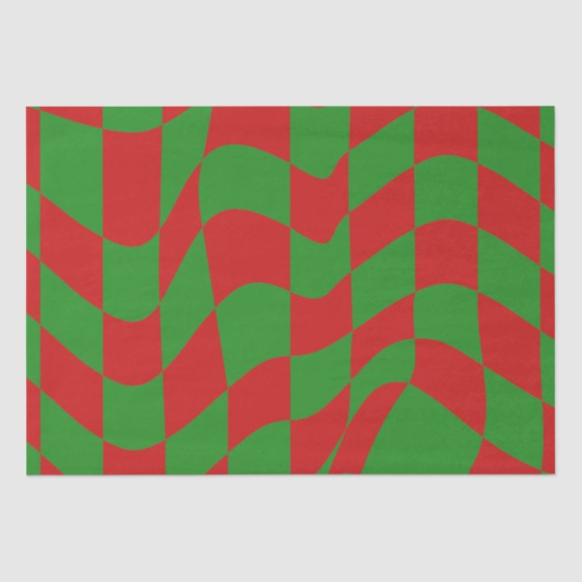 Red and Green Warped Chequerboard  Tissue Paper (Front)