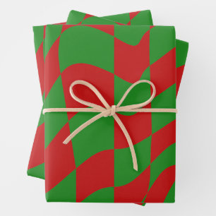 Red and Green Warped Chequerboard  Wrapping Paper Sheet