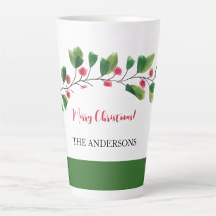 Red And Green Watercolor Berry Branch Personalised Latte Mug