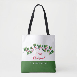 Red And Green Watercolor Berry Branch Personalised Tote Bag