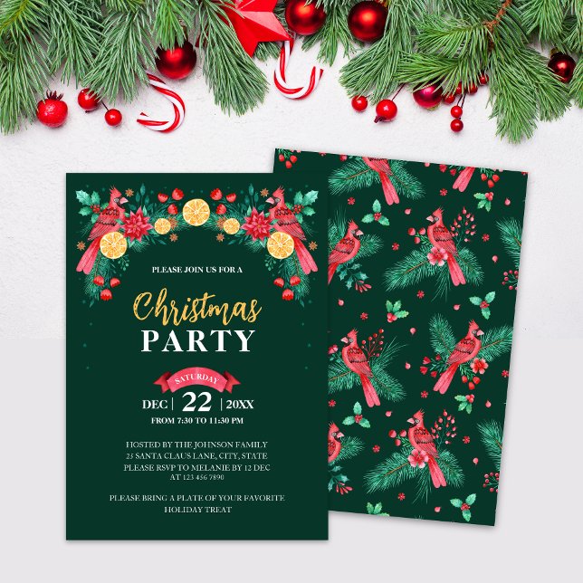 Red and Green Watercolor Cardinal Bird Christmas Invitation (Watercolor Red Cardinal Birds Christmas Party Invitation)