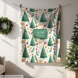 Red and green watercolor Christmas trees chic Fleece Blanket