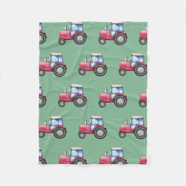 Red and Green Watercolor Tractor Pattern           Fleece Blanket (Front)