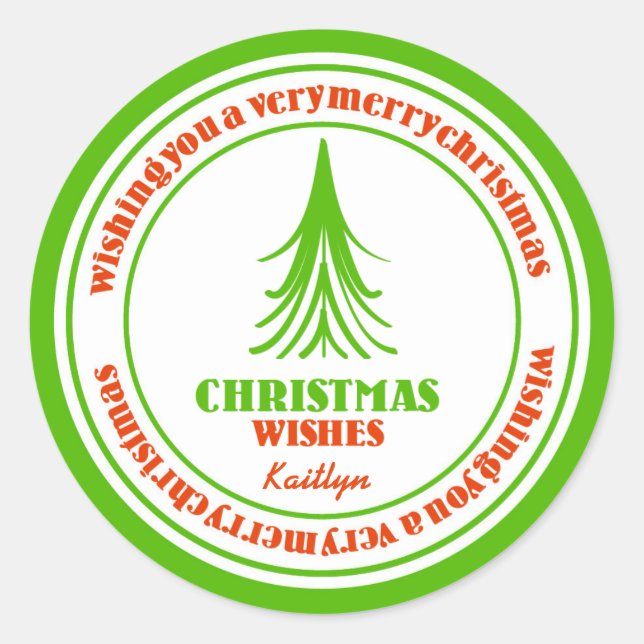 Red and Green Whimsical Christmas Tree Classic Round Sticker (Front)