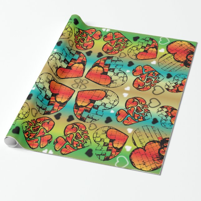 Red and green Whimsical Romantic Hearts pattern Wrapping Paper (Unrolled)