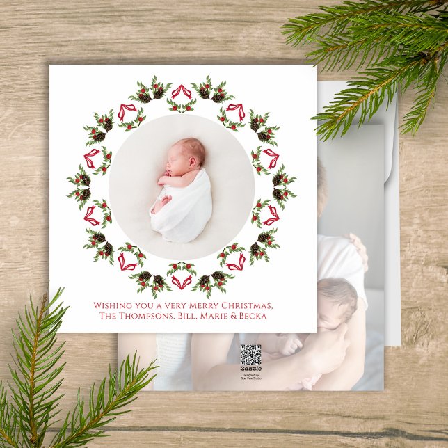 Red and Green Wreath Merry Christmas Photo  Holiday Card (Christmas holiday greenery and pine cones wreath mandala design two photo card. )