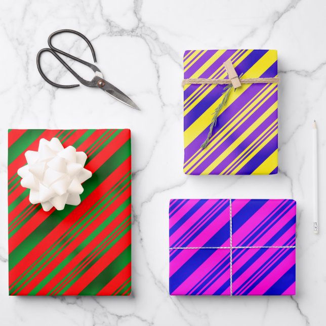 Red and Green, Yellow and Purple, Blue and Pink Wrapping Paper Sheet (Front)