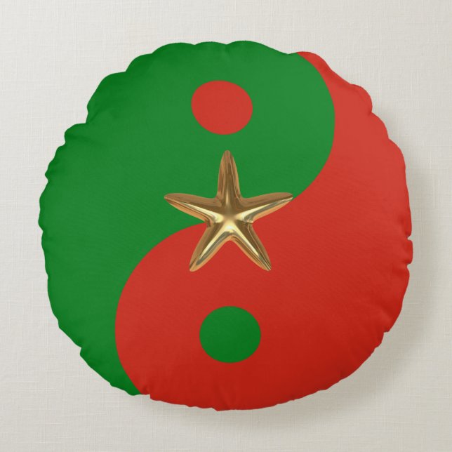 Red and Green Yin Yang with Gold Star Round Cushion (Front)