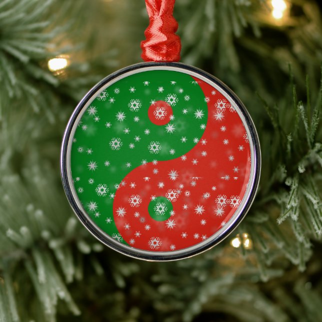 Red and Green Yin Yang with Snowflakes Metal Ornament (Tree)