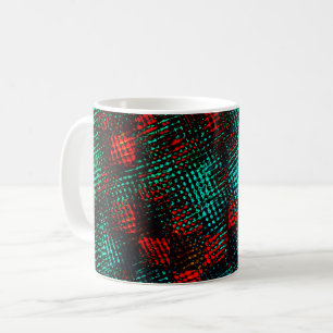 Red and greenish blue, scratched squares or cubes coffee mug