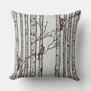 Red and Grey Birch Trees and Red Cardinal Birds Cushion