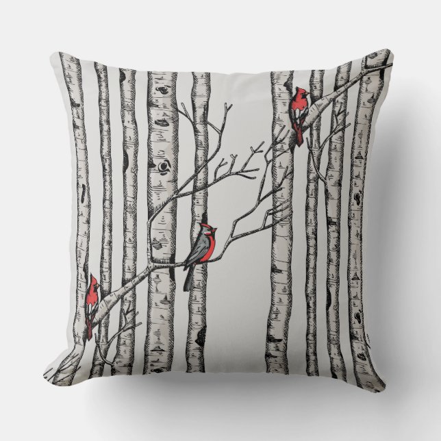 Red and Grey Birch Trees and Red Cardinal Birds Cushion (Front)
