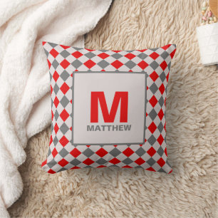 Red and Grey Boys Diamond Pattern Monogrammed Cushion