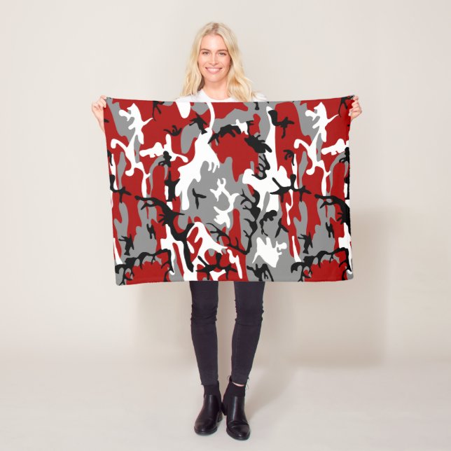 Red and Grey Camouflage, Military, Army Fleece Blanket (In Situ)
