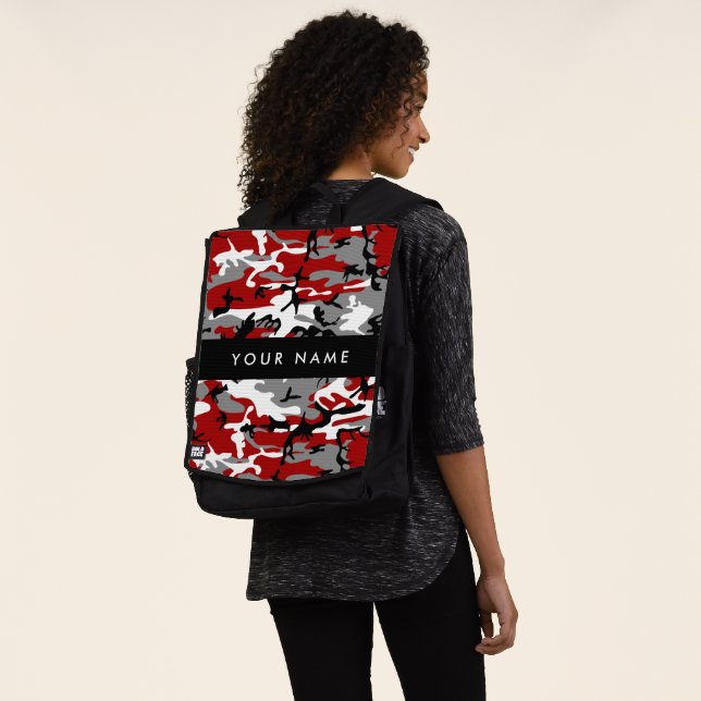 Red and Grey Camouflage Your name Personalise Backpack (Worn)