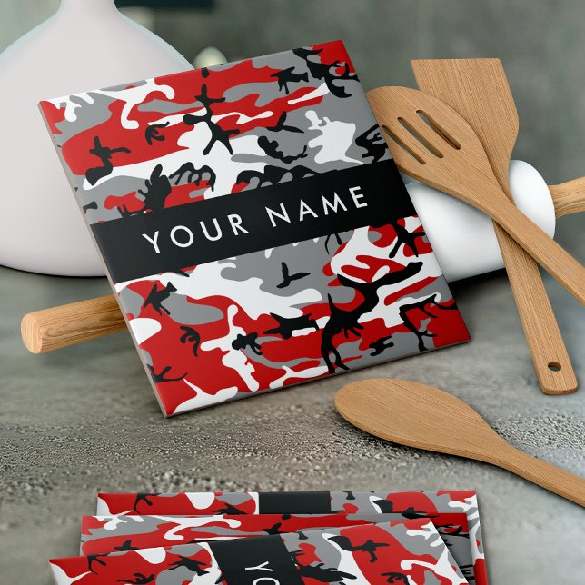 Red and Grey Camouflage Your name Personalise Ceramic Tile (Creator Uploaded)