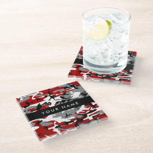 Red and Grey Camouflage Your name Personalise Glass Coaster